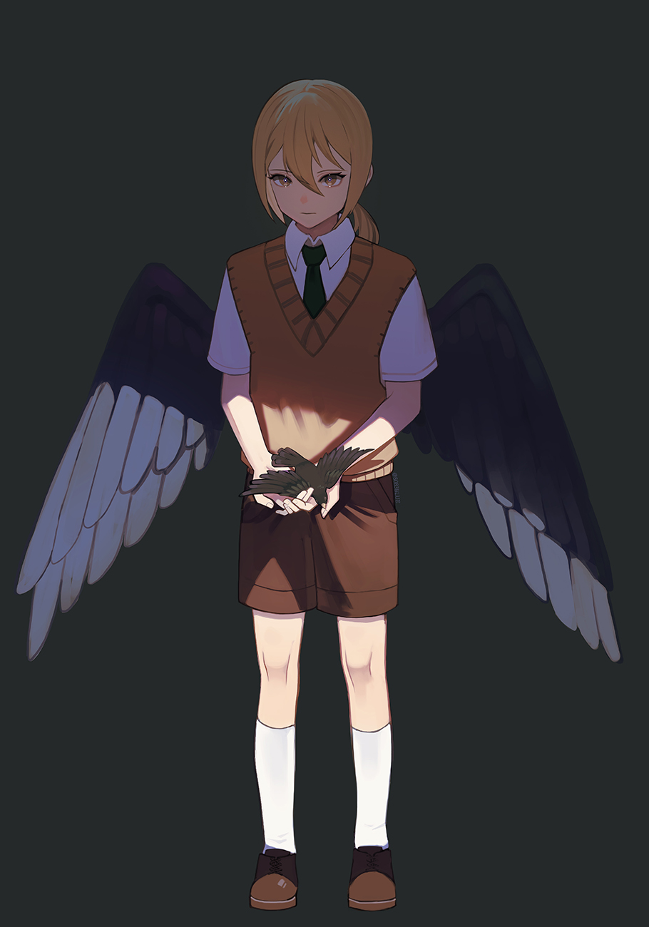 8083 blue, hakaze kaoru, ensemble stars!, highres, 1boy, aged down, animal, bird, black necktie, black wings, brown hair, brown shoes, brown shorts, brown sweater vest, closed mouth, collared shirt, dead animal, expressionless, feathered wings, full body, grey background, holding, holding animal, holding bird, male focus, necktie, ponytail, shirt, shoes, short sleeves, shorts, simple background, socks, solo, sweater vest, white shirt, white socks, wings