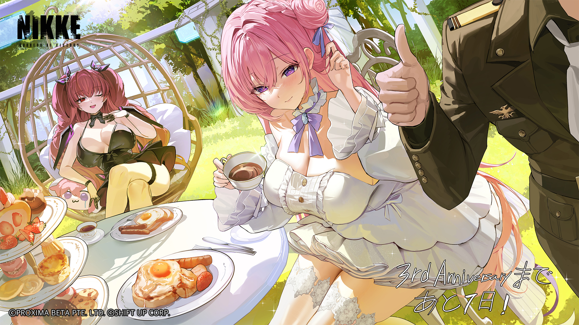 mendou kusai, commander (nikke), doro (nikke), dorothy (nikke), papillon (nikke), goddess of victory: nikke, commentary request, highres, official art, 1boy, 3girls, :3, adjusting hair, black dress, bread, breasts, brown pants, brown suit, cake, chair, cleavage, closed mouth, crossed legs, crying, crying with eyes open, cup, day, dress, eating, food, formal clothes, fried egg, grass, guest art, hair bun, hair ribbon, holding, holding cup, large breasts, long hair, long sleeves, looking at viewer, macaron, multiple girls, necktie, on chair, open mouth, outdoors, pants, pillow, pink hair, purple eyes, purple hair, purple ribbon, ribbon, sitting, smile, standing, suit, table, tea, teacup, tears, thigh strap, thumbs up, twintails, white dress, white necktie