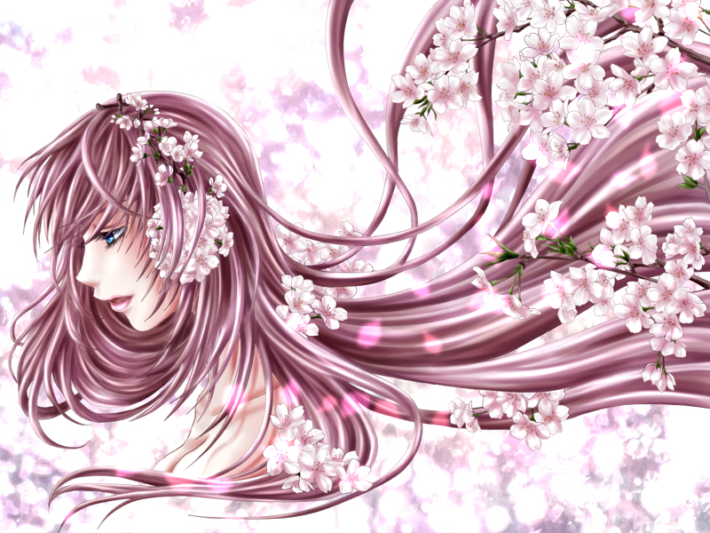 achikoako, megurine luka, vocaloid, head, bad id, bad pixiv id, blue eyes, cherry blossoms, flower, hair ornament, lips, long hair, solo, topless female, very long hair
