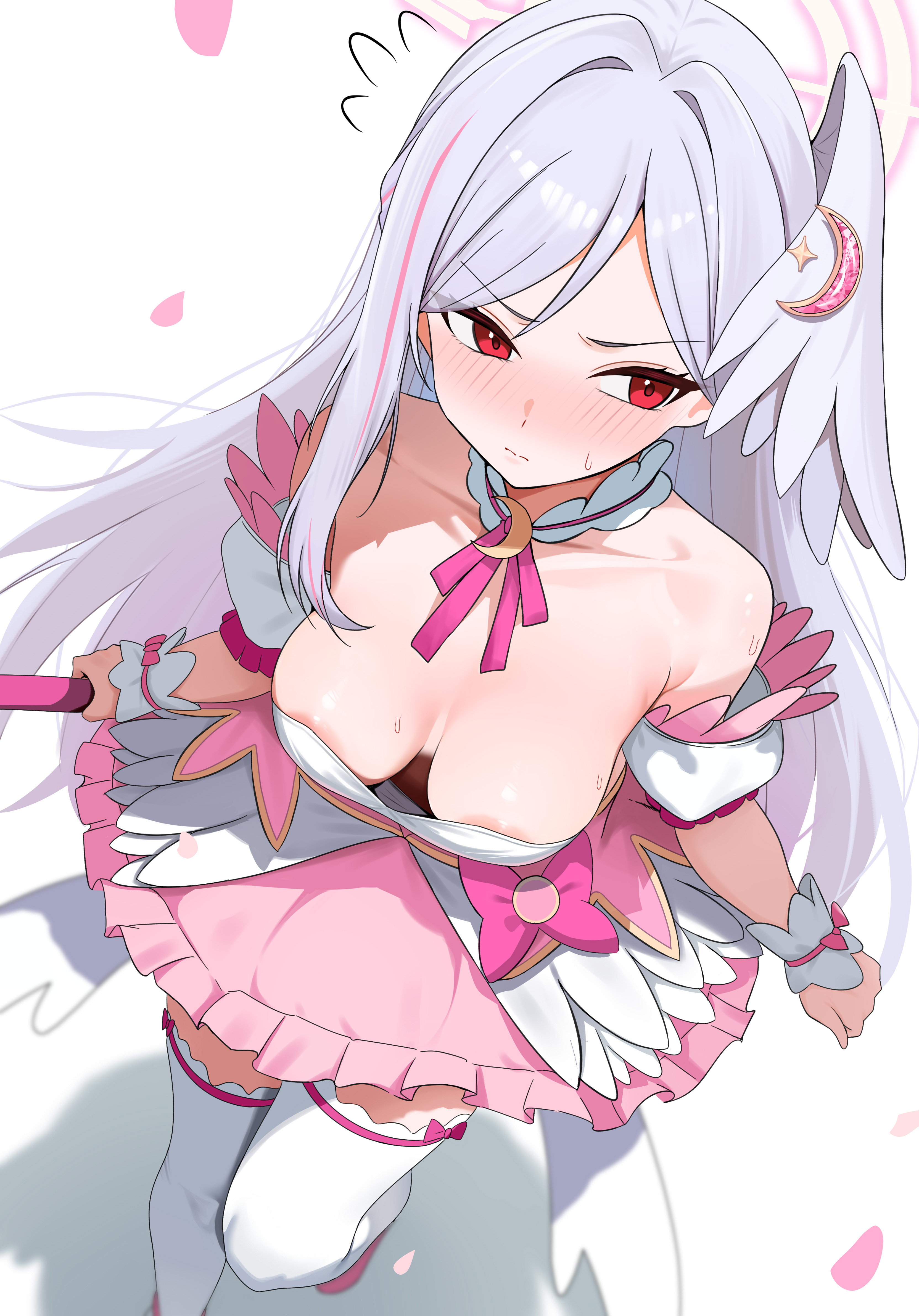 dush 1154, suzumi (blue archive), suzumi (magical) (blue archive), blue archive, absurdres, commentary request, highres, 1girl, areola slip, blush, breasts, cleavage, closed mouth, dress, head wings, holding, holding staff, large breasts, long hair, magical girl, pink dress, red eyes, simple background, single hair intake, single head wing, single wing, solo, staff, white background, white hair, wings