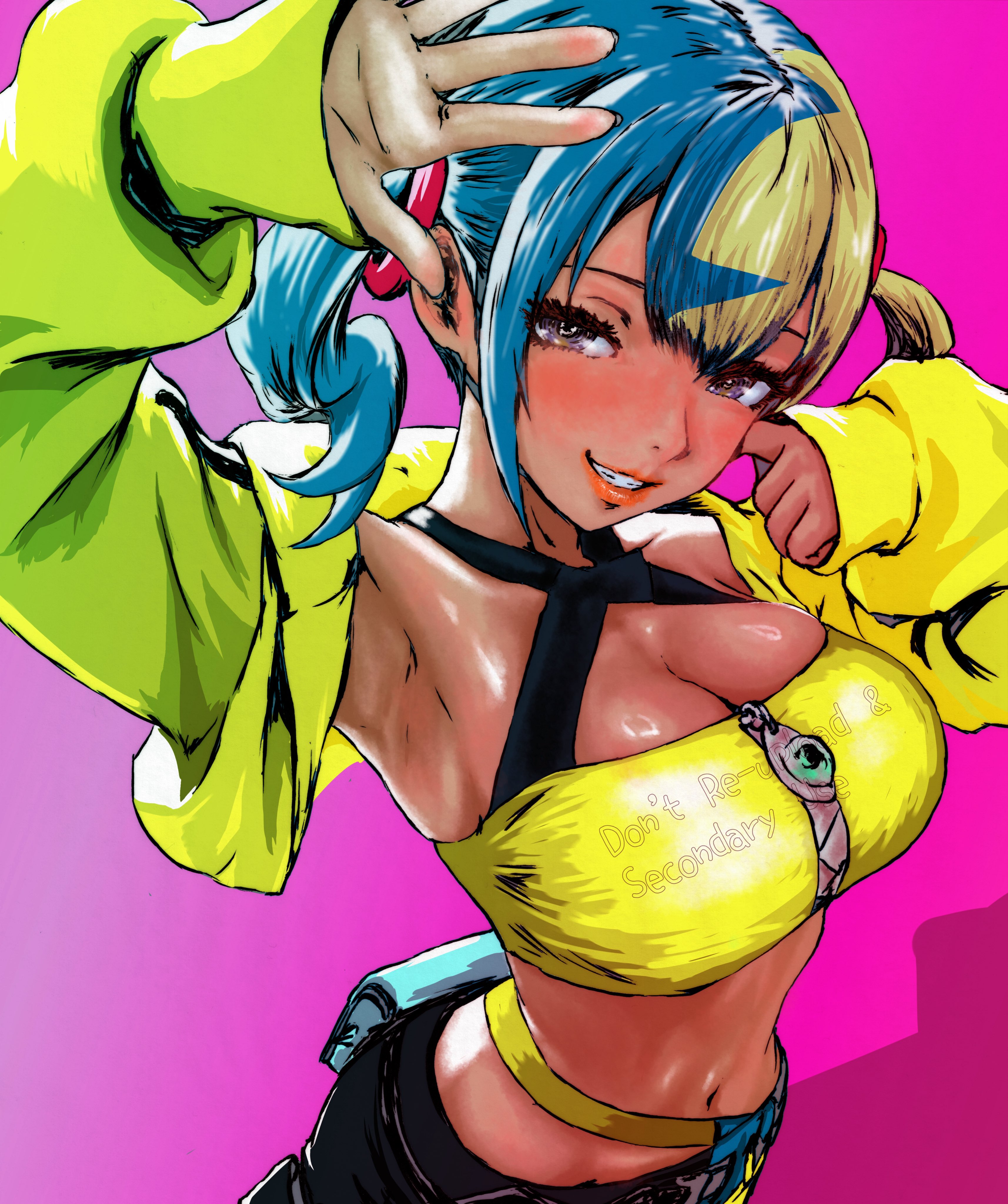 oeilvert fft, canari (pokemon), nintendo, pokemon, pokemon legends: z-a, absurdres, highres, 1girl, alternate breast size (larger), aqua hair, bandeau, belt, black pants, blonde hair, blue pants, breasts, center-flap bangs, cleavage, criss-cross halter, criss-cross straps, crop top, cropped jacket, halterneck, jacket, large breasts, looking at viewer, mega ring, mega stone, midriff, multicolored hair, navel, no mask, pants, pink background, shoes, short twintails, sidelocks, simple background, solo, split-color clothes, split-color hair, stomach, twintails, two-tone hair, two-tone pants, watermark, yellow bandeau, yellow jacket