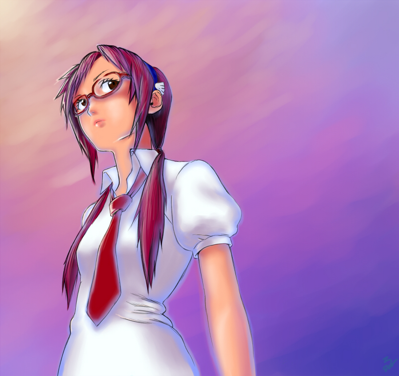 ebisu (atmosphere), ebisu (pixiv), makinami mari illustrious, evangelion: 2.0 you can (not) advance, neon genesis evangelion, rebuild of evangelion, bad id, bad pixiv id, 00s, 1girl, brown eyes, dress shirt, female focus, glasses, headband, low twintails, necktie, purple hair, shirt, sky, solo, twintails