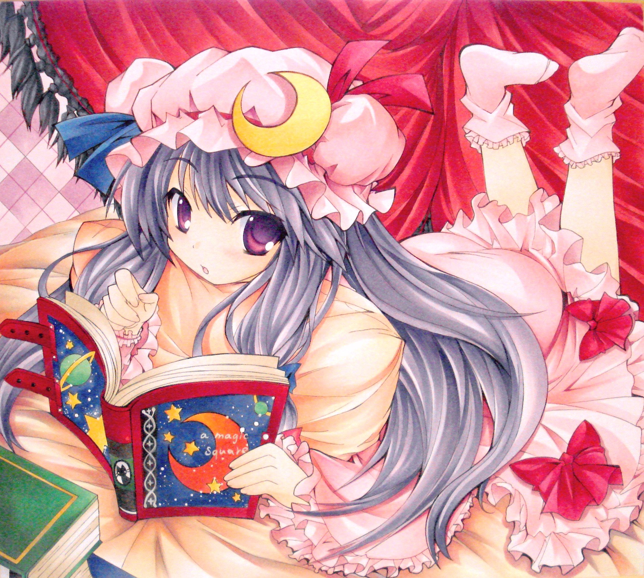 yuki tsuki sou, yukitsuki kokoro, patchouli knowledge, touhou, argyle, bad id, bad pixiv id, highres, traditional media, 1girl, bed, book, crescent, female focus, long hair, lying, on stomach, pink socks, planet, purple eyes, purple hair, shikishi, socks, solo, star (sky), star (symbol), very long hair