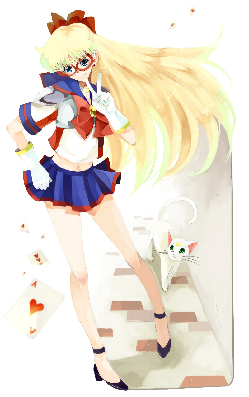 nako, nako (nonrain), aino minako, artemis (sailor moon), sailor v, sailor v (character), bishoujo senshi sailor moon, bad id, bad pixiv id, highres, 1990s (style), 1girl, blonde hair, blue eyes, blue sailor collar, bow, card, cat, choker, crescent, crescent facial mark, facial mark, female focus, glasses, gloves, hair bow, high heels, long hair, magical girl, mask, midriff, red bow, retro artstyle, sailor collar, shoes, skirt, solo, v, very long hair, white gloves