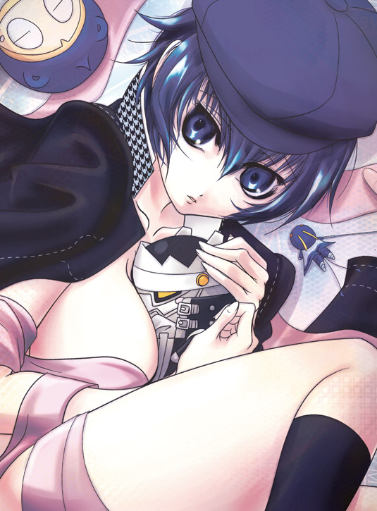 sakurasawa yukino, izanagi (persona 4), kuma (persona 4), shirogane naoto, sukuna hikona, atlus, persona, persona 4, 1girl, bandages, between breasts, blue eyes, breasts, female focus, hat, large breasts, lying, newsboy cap, short hair, solo