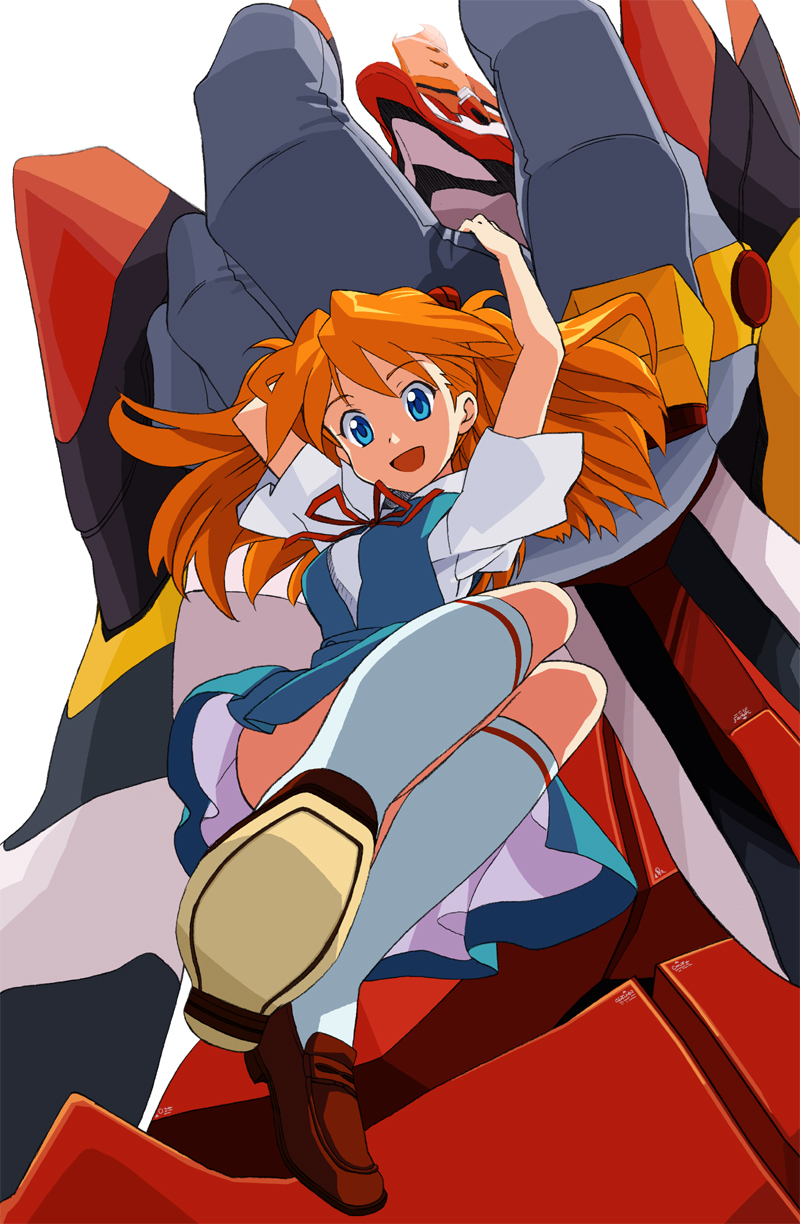 katochin (skpresents), eva 02, souryuu asuka langley, neon genesis evangelion, rebuild of evangelion, highres, 00s, 1girl, blue eyes, from above, hanging, kneehighs, loafers, long hair, mecha, orange hair, ribbon, robot, school uniform, shoes, smile, socks, white socks