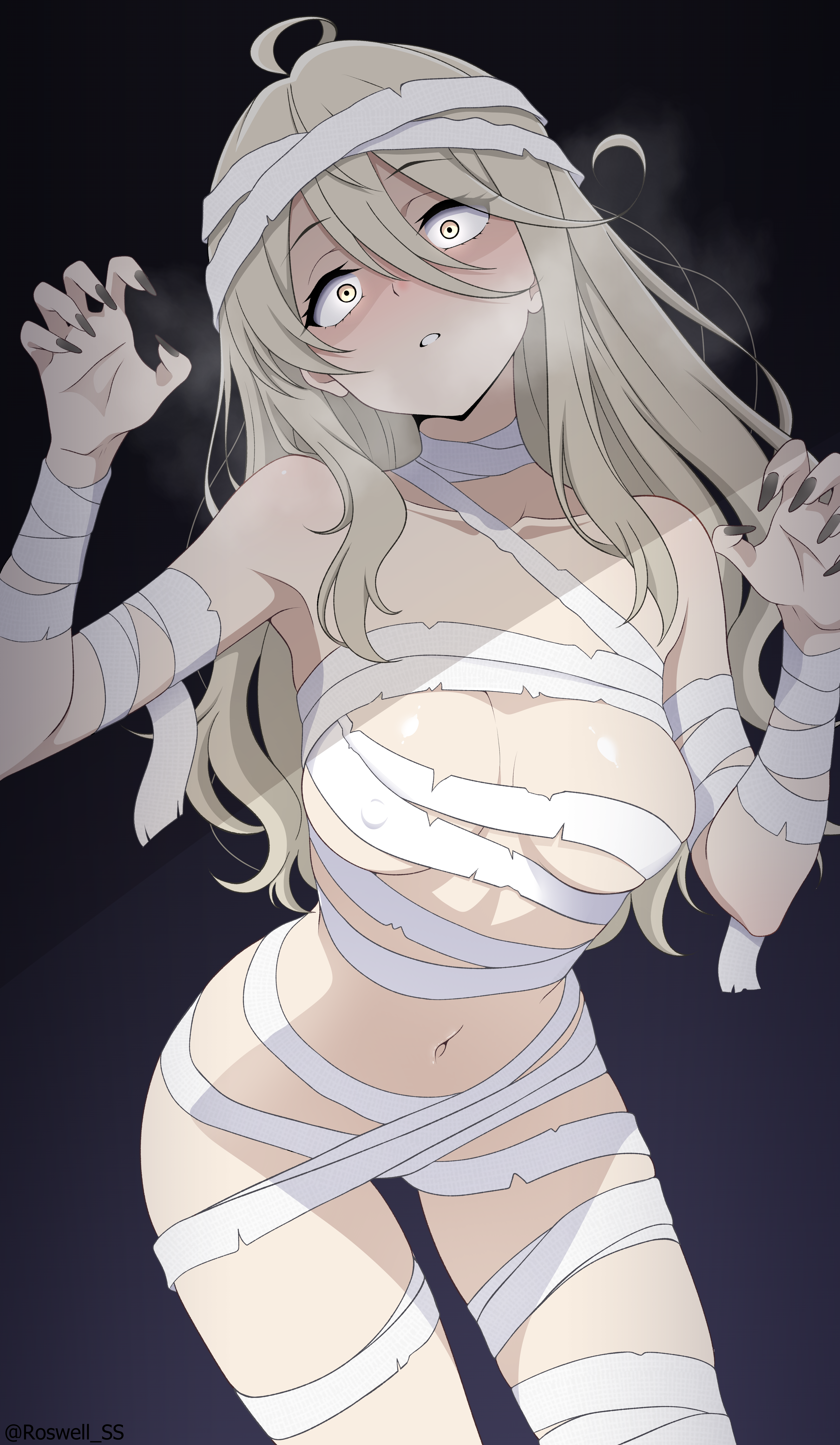 roswell ss, shikiya yumeko, make heroine ga oo sugiru!, absurdres, commentary request, highres, paid reward available, 1girl, ahoge, bandage on hair, bandaged arm, bandaged chest, bandaged head, bandaged leg, bandaged torso, bandages, black nails, blonde hair, breasts, claw pose, collarbone, fingernails, gradient background, hair between eyes, long hair, long hair between eyes, looking at viewer, medium breasts, mummy costume, nail polish, naked bandage, navel, parted lips, sanpaku, sharp fingernails, solo, twitter username, yellow eyes
