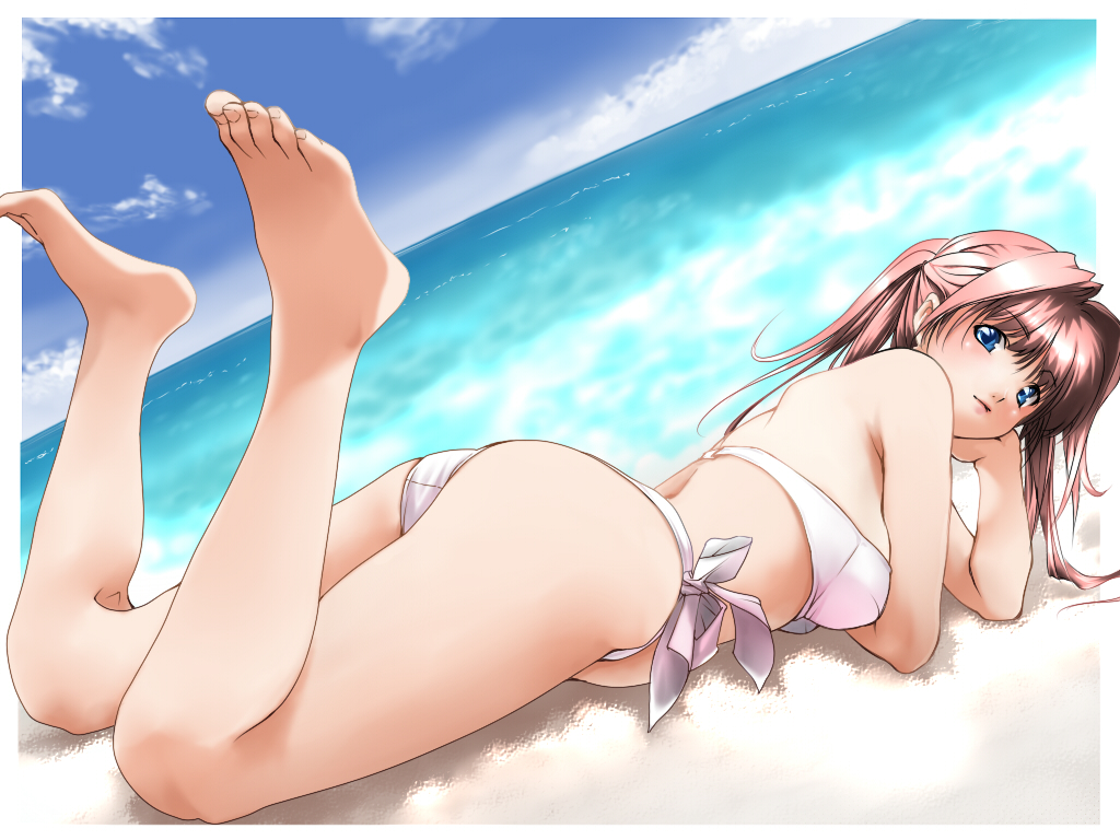 alric, original, 1girl, bare shoulders, barefoot, beach, bikini, blue eyes, day, dutch angle, feet, female focus, foreshortening, long hair, lying, on stomach, outdoors, pink hair, side-tie bikini bottom, solo, swimsuit, twintails, white bikini