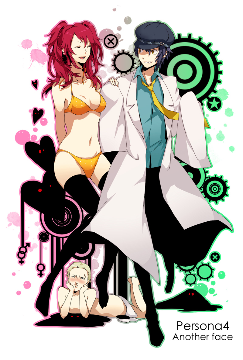 arisaka ako, kujikawa rise, shadow (persona), shirogane naoto, tatsumi kanji, atlus, megami tensei, persona, persona 4, shin megami tensei, bad id, bad pixiv id, 1boy, 2girls, bikini, black thighhighs, blonde hair, blue hair, blush, breasts, cleavage, closed eyes, grin, hat, heart, lab coat, multiple girls, navel, necktie, newsboy cap, red hair, smile, string bikini, swimsuit, thighhighs, thighs, twintails, yellow eyes