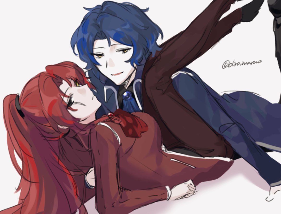 chesed (project moon), gebura (project moon), library of ruina, project moon, blue hair, boy on top, breasts, diramaruo, hetero, legs up, long hair, looking to the side, necktie, red hair, short hair, signature, yellow eyes