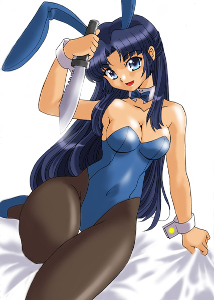 ranpu, asakura ryoko, suzumiya haruhi no yuuutsu, 00s, animal ears, black pantyhose, blue eyes, blue hair, fake animal ears, knife, long hair, pantyhose, playboy bunny, rabbit ears, solo