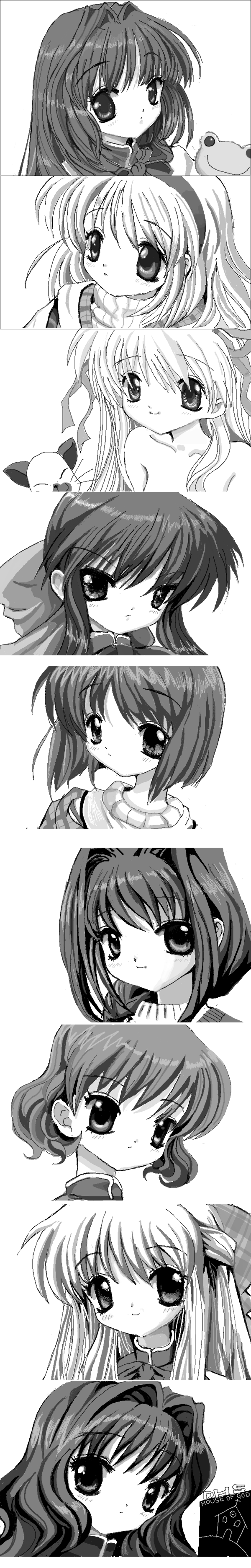 toshi (little-fluffy-cloud), amano mishio, kawasumi mai, keropi, keropii, kurata sayuri, minase akiko, minase nayuki, misaka kaori, misaka shiori, piro, sawatari makoto, tsukimiya ayu, kanon, absurdres, highres, long image, tall image, 6+girls, cat, frog, greyscale, hair intakes, monochrome, multiple girls, oekaki