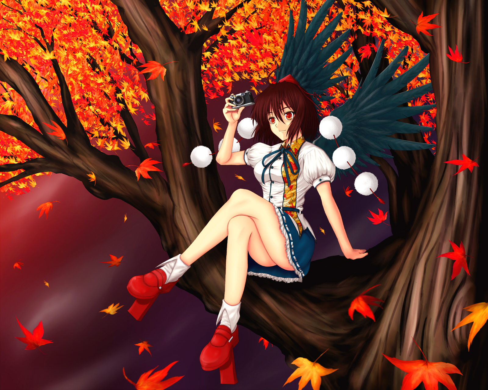hero rice, shameimaru aya, touhou, looking away, highres, 1girl, black wings, female focus, geta, hat, smile, solo, tengu-geta, wings