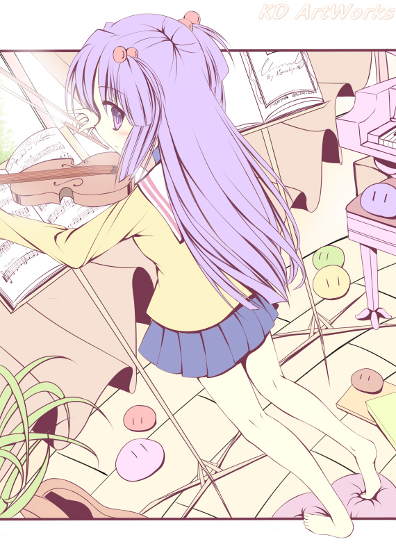 caidychen, ichinose kotomi, clannad, dango daikazoku, bad id, bad pixiv id, 00s, 1girl, barefoot, beamed quavers, feet, female focus, hair bobbles, hair ornament, instrument, long hair, looking back, music stand, musical note, purple eyes, purple hair, school uniform, sheet music, soles, solo, treble clef, twintails, two side up, violin