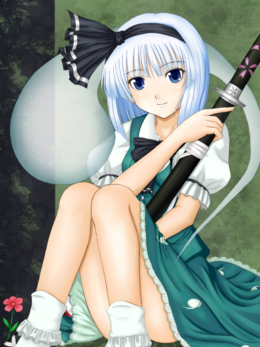 hero rice, konpaku youmu, konpaku youmu (ghost), touhou, highres, 1girl, blue eyes, female focus, flower, hairband, hitodama, katana, sheath, sheathed, short hair, sitting, skirt, smile, solo, sword, weapon, white hair