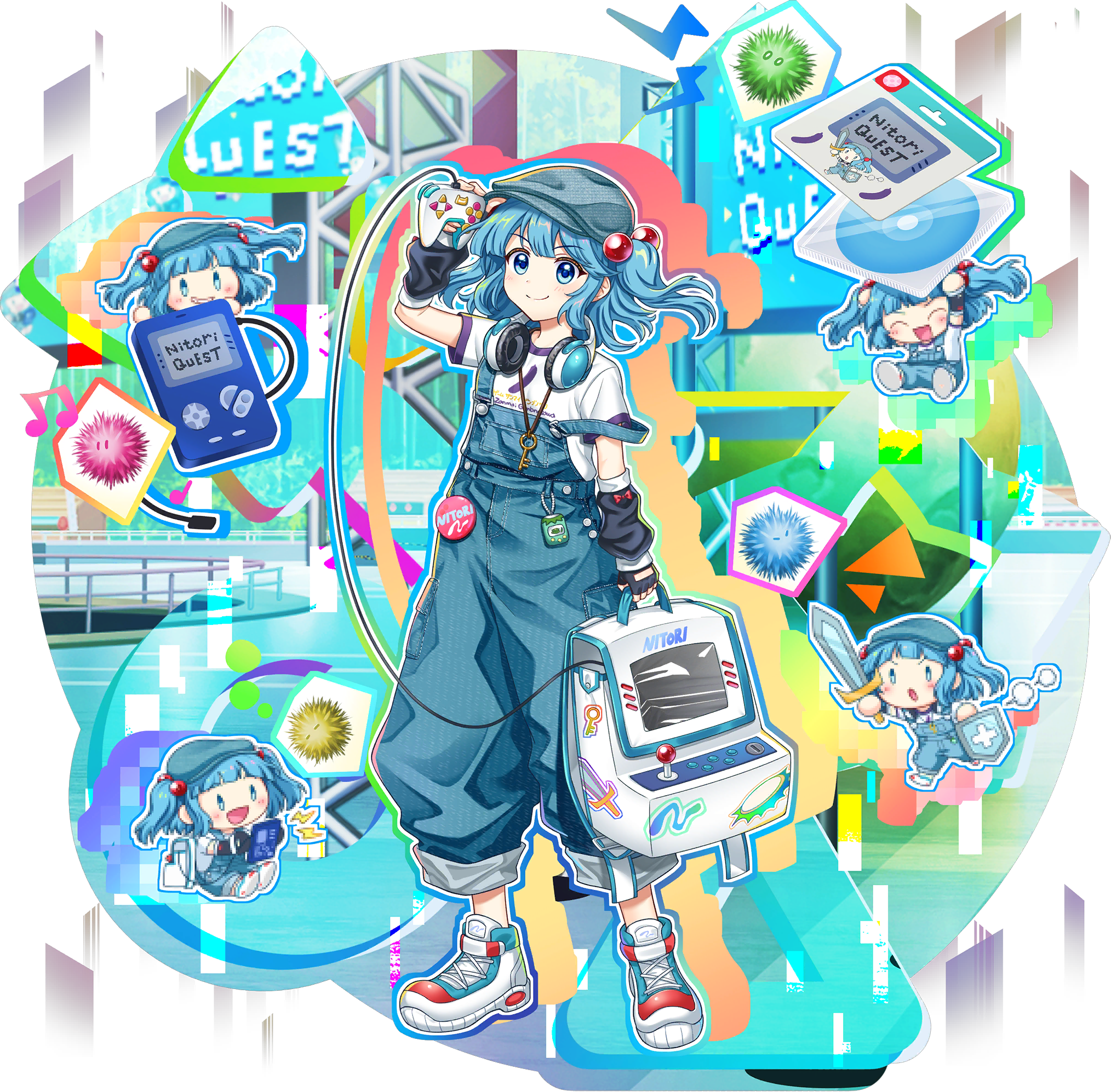 rotte (1109), kawashiro nitori, kedama (touhou), touhou, touhou lostword, game cg, highres, official art, third-party source, 1girl, alternate costume, alternate headwear, black arm warmers, black gloves, blue eyes, blue hair, blue overalls, cd, chibi, closed mouth, clothes writing, controller, fingerless gloves, game controller, gloves, hair bobbles, hair ornament, handheld game console, hat, headphones, headphones around neck, holding, holding controller, holding game controller, holding shield, holding sword, holding weapon, jewelry, key, key necklace, looking at viewer, multiple views, musical note, necklace, overalls, shield, shirt, shoes, short sleeves, silhouette, smile, sneakers, sword, transparent background, two side up, weapon, white shirt, white shoes