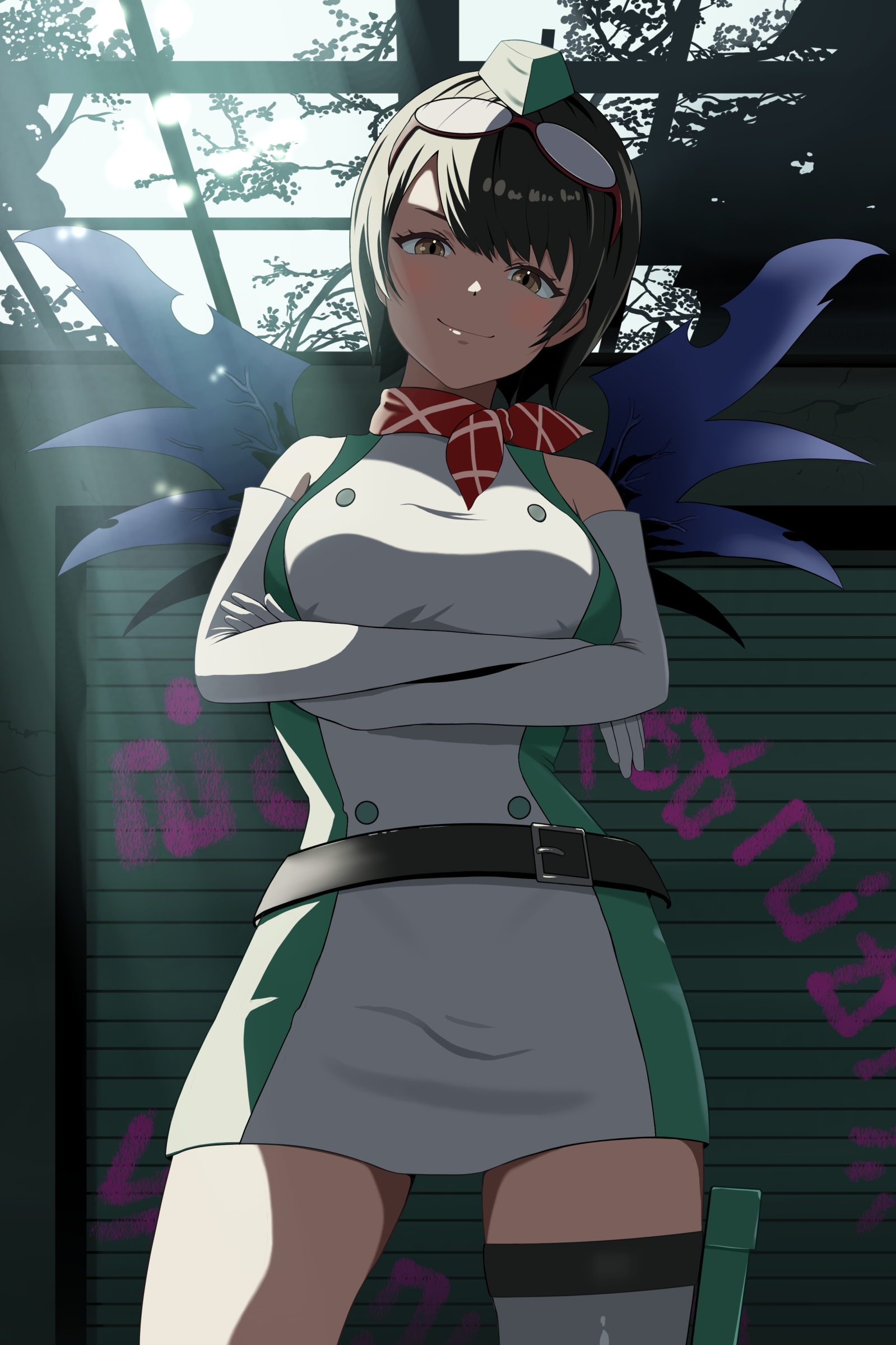 akitsuiri tsuki, picodevimon, yuuki kanan, digimon, digimon story: time stranger, absurdres, highres, 1girl, arms under breasts, bare shoulders, breasts, cowboy shot, crossed arms, digimon (creature), dress, elbow gloves, gloves, goggles, goggles on head, green dress, green hat, hat, indoors, large breasts, looking at viewer, microdress, red scarf, scarf, short hair, sleeveless, sleeveless dress, smile, solo focus, thighhighs, two-tone dress, white dress, white gloves, white thighhighs