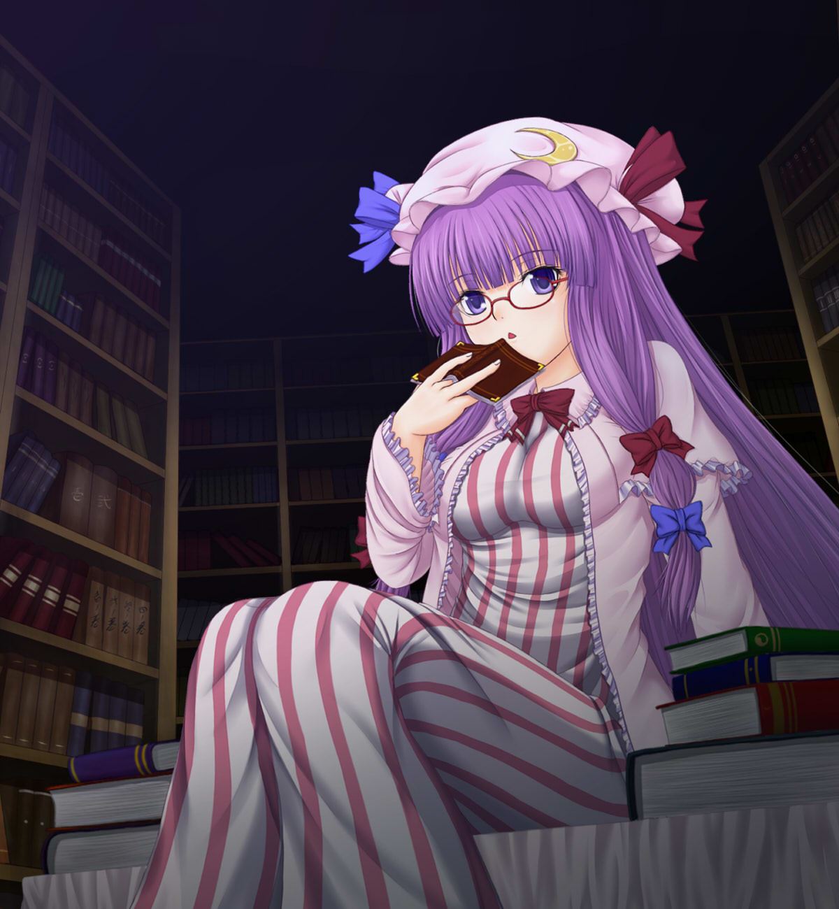 hero rice, patchouli knowledge, touhou, striped, highres, 1girl, bespectacled, book, crescent, female focus, glasses, hat, library, long hair, purple eyes, purple hair, solo, very long hair, voile