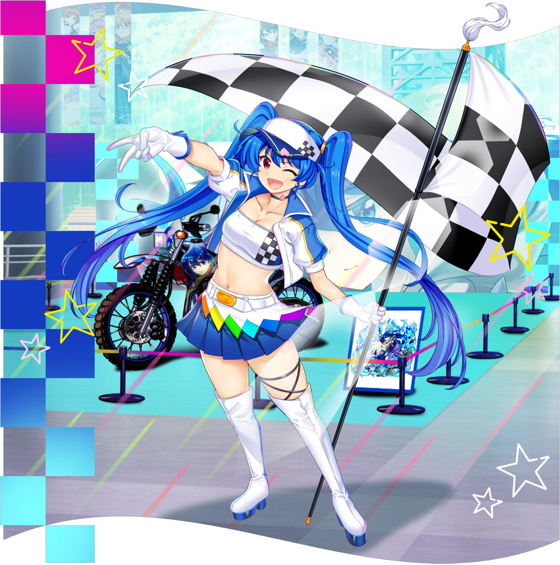 rotte (1109), hinanawi tenshi, horikawa raiko, houjuu nue, kirisame marisa, kirisame marisa (magician at the hieda residence), kumoi ichirin, remilia scarlet, wriggle nightbug, wriggle nightbug (kaiju of augmentation and mutation), yorigami shion, touhou, touhou lostword, game cg, highres, official art, third-party source, 1girl, alternate costume, alternate hairstyle, alternate headwear, belt, black choker, blue hair, blue jacket, blue skirt, boots, breasts, character print, choker, cleavage, collarbone, flag, full body, gloves, hat, holding, holding flag, jacket, long hair, looking at viewer, midriff, miniskirt, motor vehicle, motorcycle, multiple girls, navel, one eye closed, open clothes, open jacket, open mouth, pleated skirt, race queen, rainbow order, red eyes, skirt, smile, solo, star (symbol), strapless, thigh boots, transparent background, tube top, twintails, v, very long hair, visor cap, white belt, white boots, white gloves, white hat, white jacket, white tube top