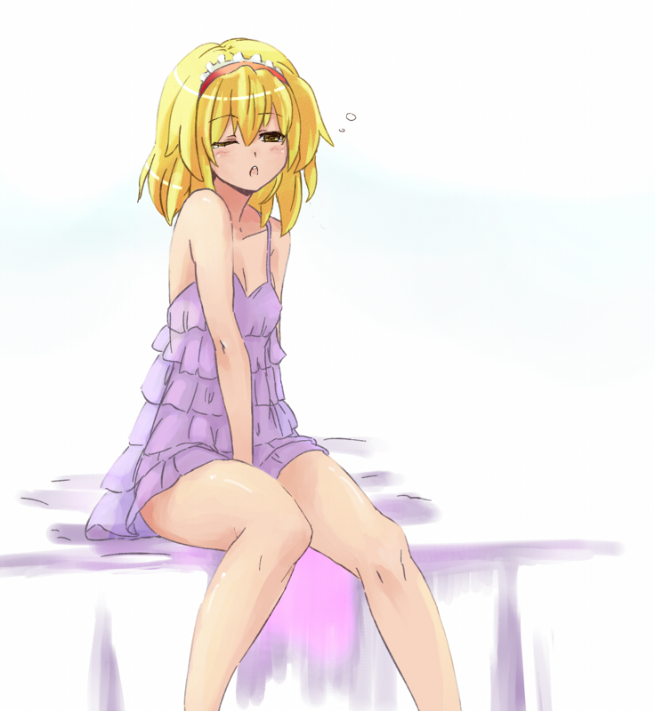 shibasaki shouji, alice margatroid, touhou, bad id, bad pixiv id, 1girl, babydoll, bed, between legs, between thighs, blonde hair, female focus, flat chest, hairband, hand between legs, legs, lingerie, negligee, one eye closed, see-through clothes, simple background, sleepy, solo, underwear, wink