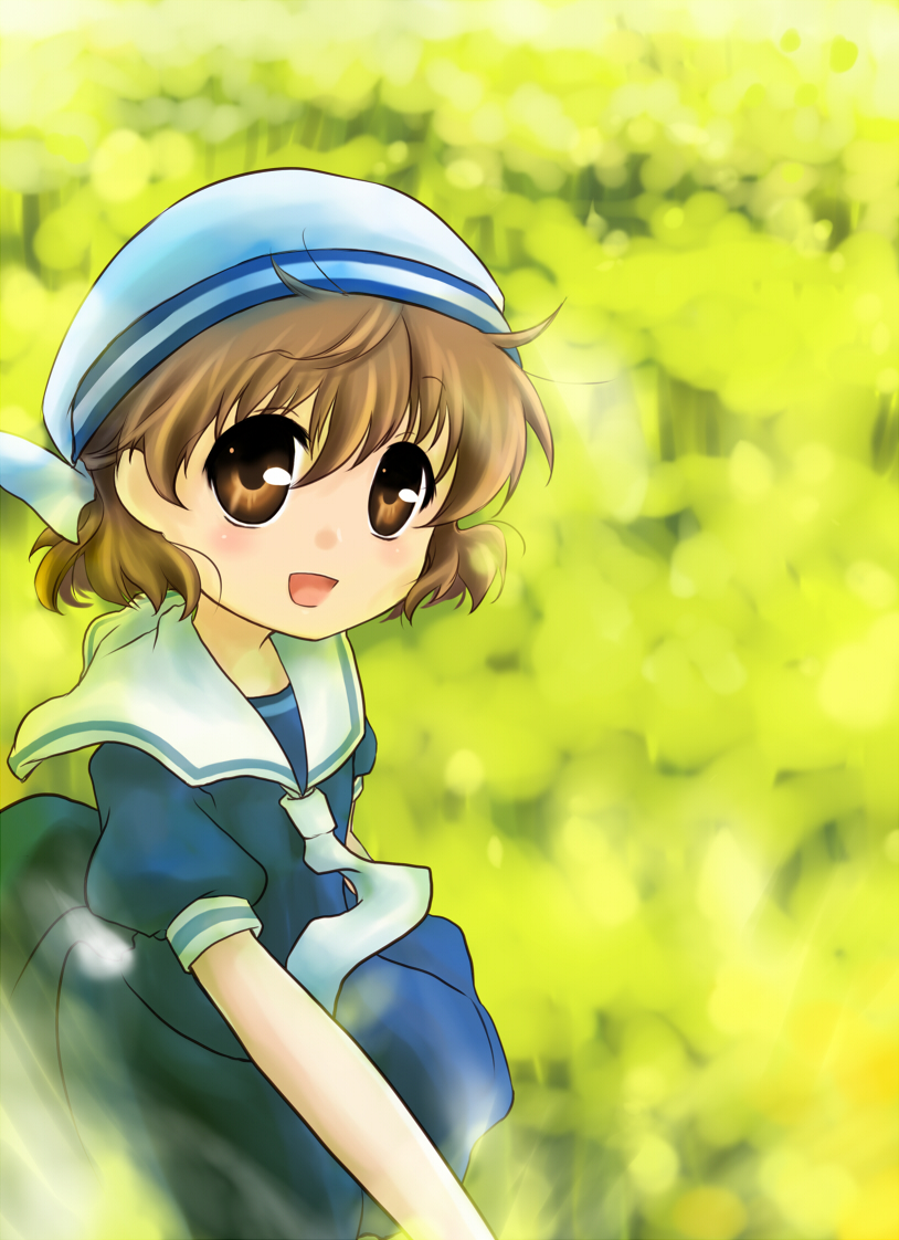strib und werde, okazaki ushio, clannad, bad id, bad pixiv id, 00s, brown eyes, brown hair, child, hat, running, school uniform, short hair, solo