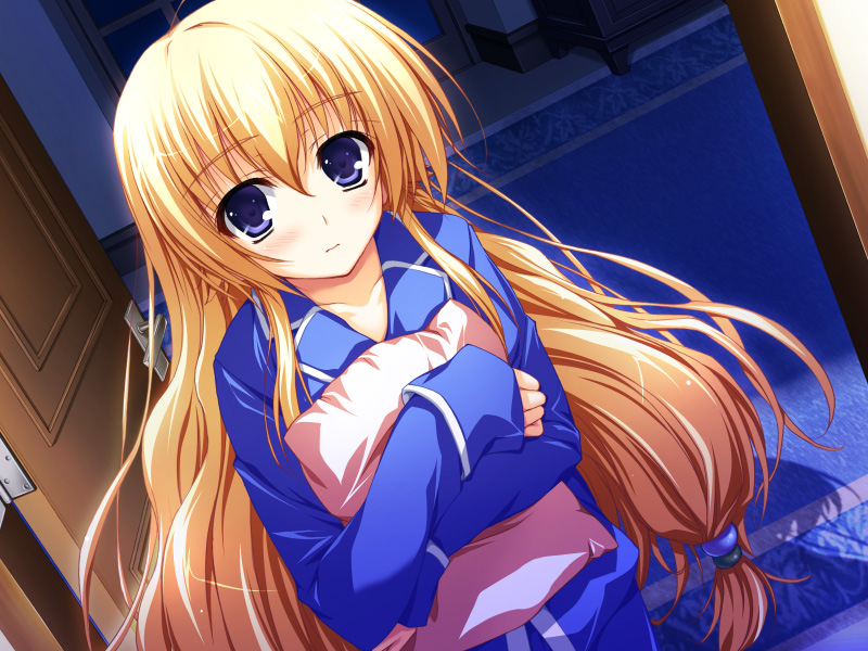 tomose shunsaku, kurayashiki tae, akatsuki no goei, game cg, non-web source, 1girl, blonde hair, blue eyes, dutch angle, female focus, hug, hugging object, long hair, pajamas, pillow, pillow hug, solo