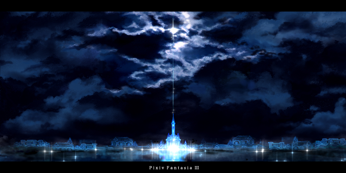 yuki tomo, yukitomo, pixiv fantasia, pixiv fantasia 3, cityscape, cloud, glowing, night, no humans, scenery, sky