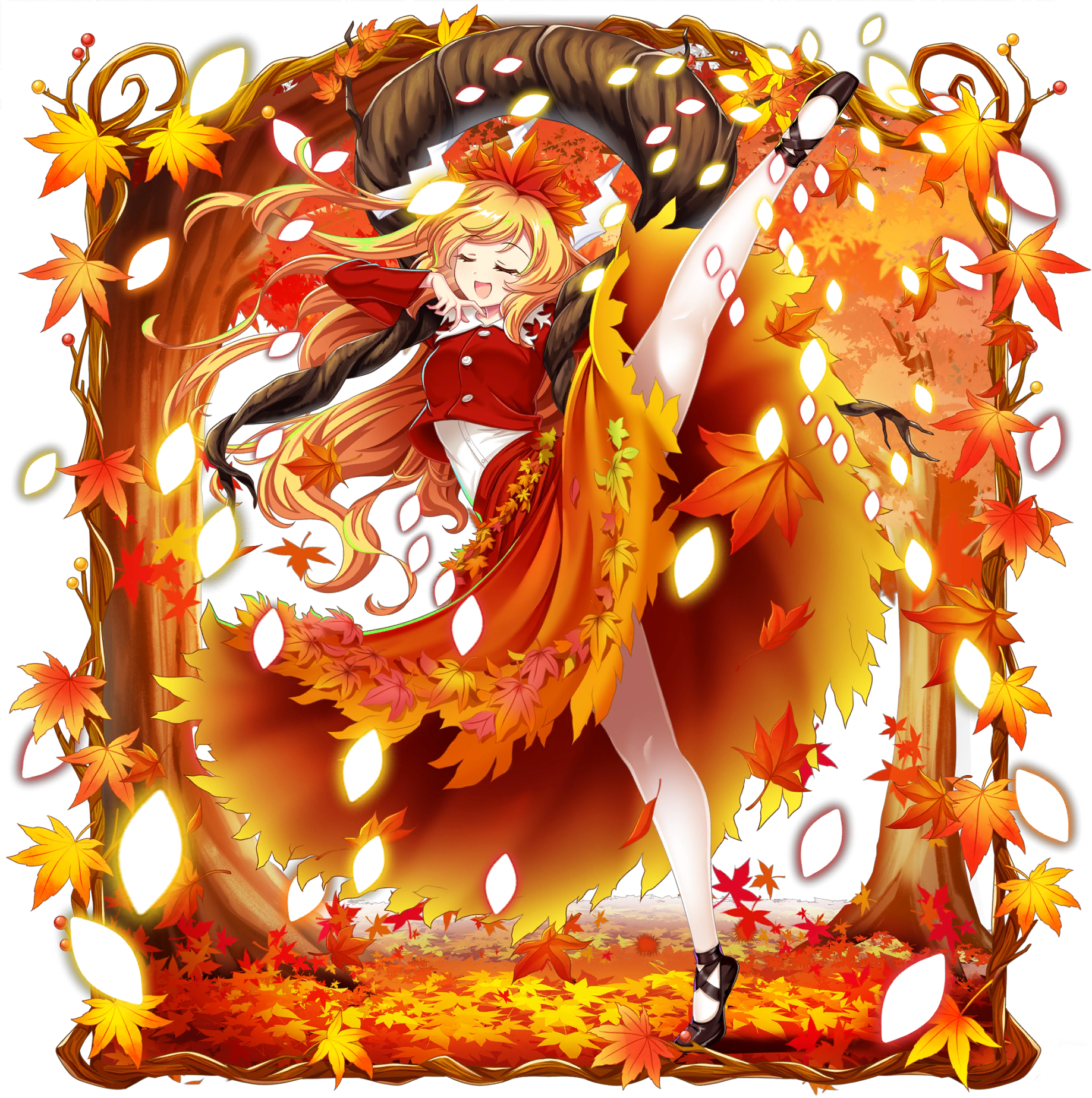 rotte (1109), aki shizuha, touhou, touhou lostword, game cg, highres, official art, third-party source, 1girl, aged up, alternate costume, autumn leaves, blonde hair, breasts, brown shoes, closed eyes, collared shirt, danmaku, facing viewer, falling leaves, hair ornament, leaf, leaf hair ornament, leg up, long hair, long sleeves, open mouth, orange shirt, orange skirt, shirt, shoes, skirt, smile, solo, standing, standing on one leg, transparent background, very long hair, white shirt