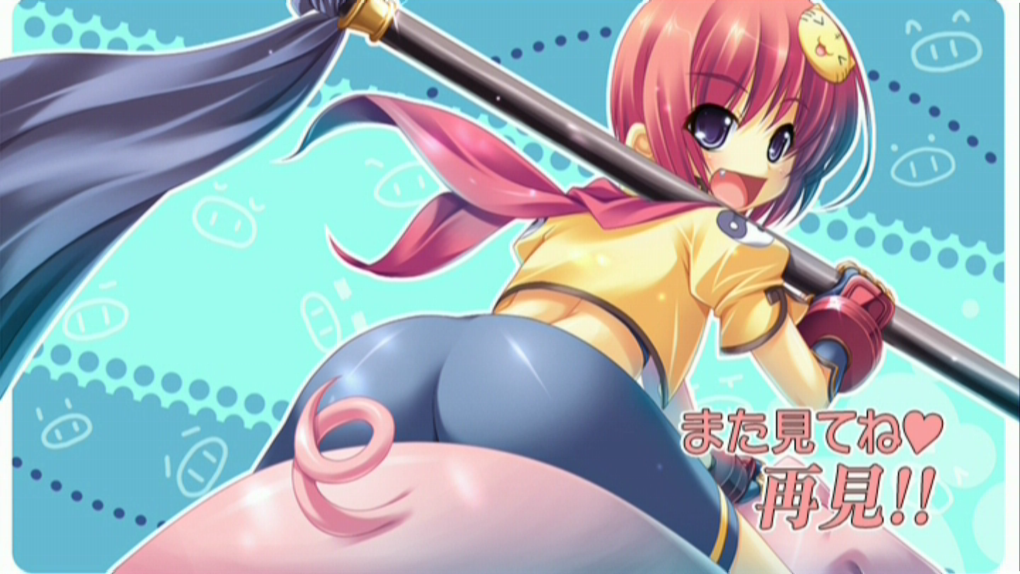 yatsuha kanan, chouhi (koihime musou), koihime musou, translation request, 00s, ass, bent over, bike shorts, blue eyes, fang, pig, red hair, shake n bake, short hair, solo
