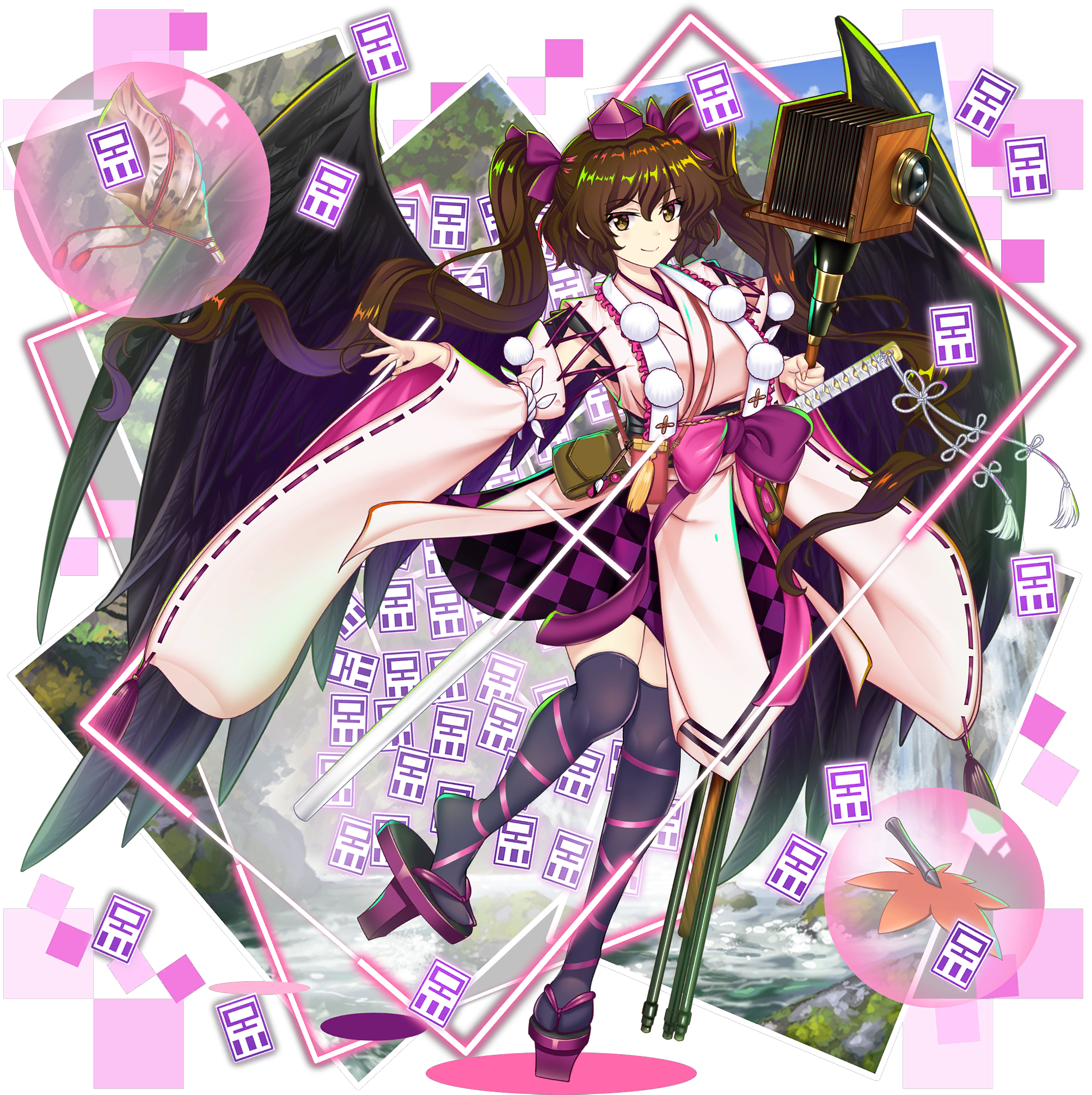 rotte (1109), himekaidou hatate, touhou, touhou lostword, game cg, highres, official art, tagme, third-party source, 1girl, alternate costume, black thighhighs, brown hair, detached sleeves, geta, hat, kourindou tengu costume, leaf fan, looking at viewer, solo, tengu-geta, thighhighs, tokin hat, transparent background, twintails, wide sleeves