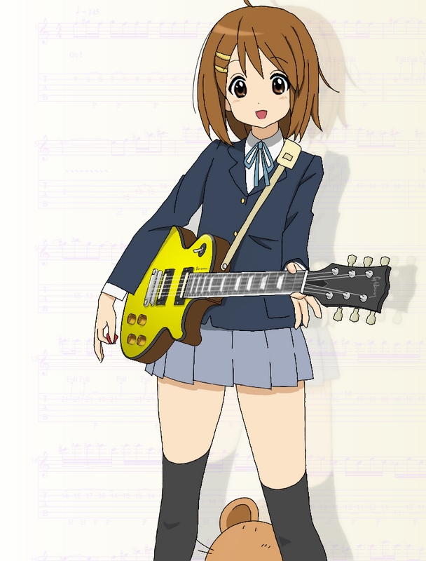 henkuma, hirasawa yui, k-on!, 00s, 1girl, ahoge, bear, brown eyes, brown hair, female focus, gibson les paul, guitar, hair ornament, hairclip, instrument, musical note, peeking, plectrum, school uniform, short hair, skirt, solo, thighhighs, zettai ryouiki