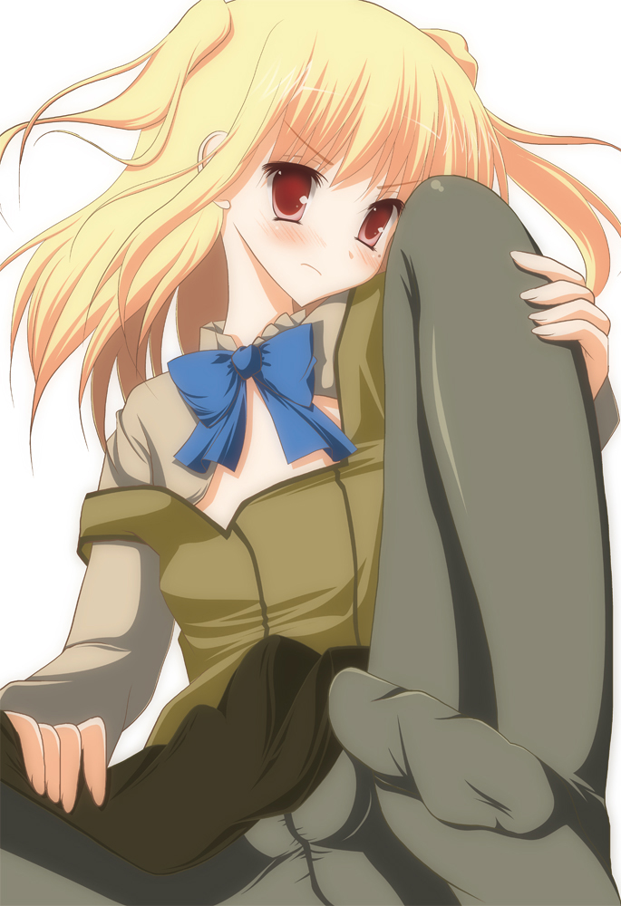 chieko, shidou mariya, maria holic, 00s, 1boy, blonde hair, bow, bulge, feet, long hair, male focus, mole, mole under eye, pantyhose, red eyes, solo, strap slip, trap