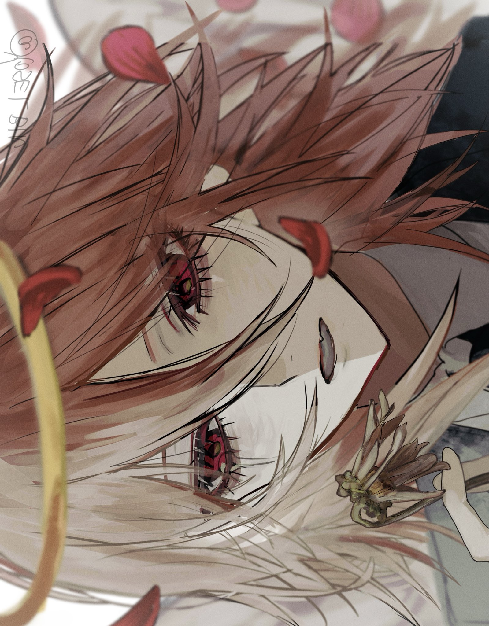 yosei bin, angel devil (chainsaw man), chainsaw man, highres, 1boy, brown hair, falling petals, fang, flower, holding, holding flower, male focus, open mouth, petals, portrait, red eyes, solo