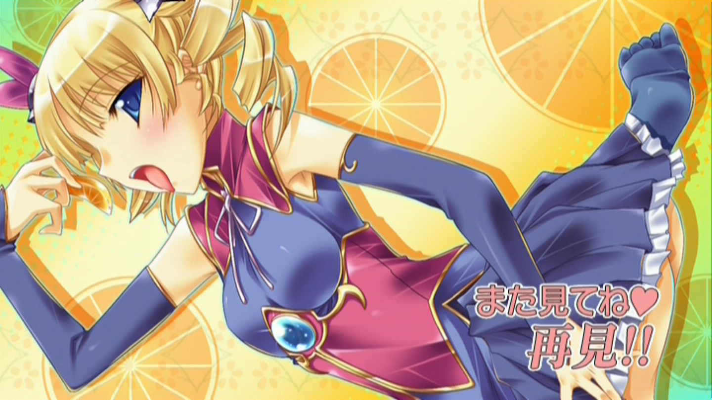 kantaka, sousou (koihime musou), koihime musou, 00s, ass, blonde hair, blue eyes, blush, drill hair, food, fruit, orange (fruit), pixelated, tongue, twintails