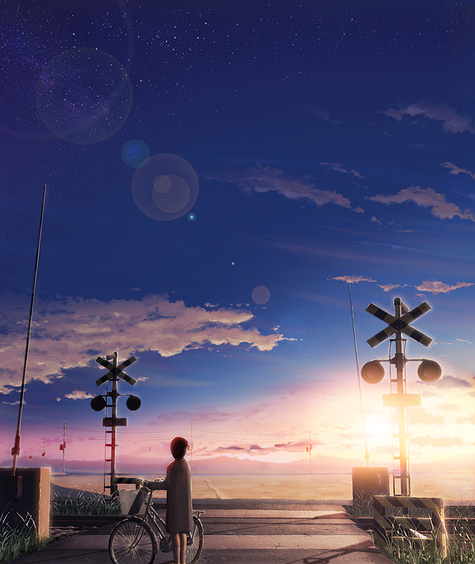 dai (pixiv), ominae, original, 1girl, backlighting, bicycle, blue sky, cloud, coat, dusk, facing away, female focus, field, from behind, grass, horizon, lens flare, long sleeves, outdoors, power lines, railroad crossing, railroad tracks, short hair, sky, solo, star (sky), starry sky, sun, sunset