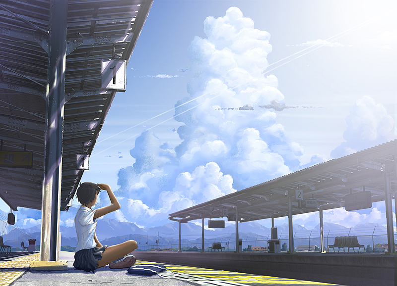dai (pixiv), ominae, original, 1girl, cloud, day, female focus, scenery, school uniform, short hair, skirt, sky, slice of life, solo, tactile paving, train station