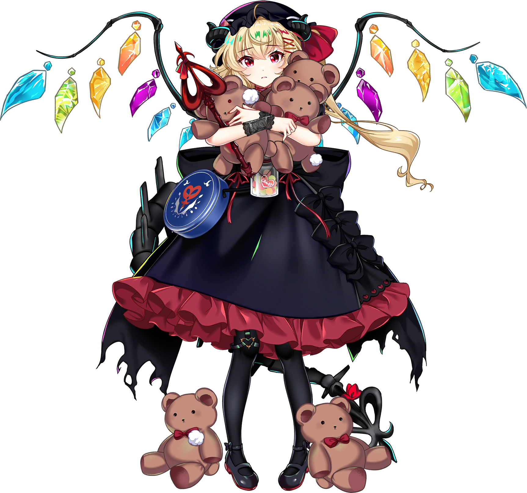 rotte (1109), flandre scarlet, touhou, touhou lostword, game cg, highres, official art, third-party source, 1girl, alternate costume, back bow, black bow, black dress, black hat, black pantyhose, black shoes, blonde hair, bow, candy, closed mouth, crystal, crystal wings, dragon girl, dragon horns, dragon tail, dress, food, frills, frown, full body, hat, holding, holding stuffed toy, horns, laevatein (touhou), looking at viewer, mary janes, mob cap, multicolored wings, one side up, pantyhose, red eyes, shoes, solo, stuffed animal, stuffed toy, stuffing, tail, teddy bear, torn bow, transparent background, white background, wings