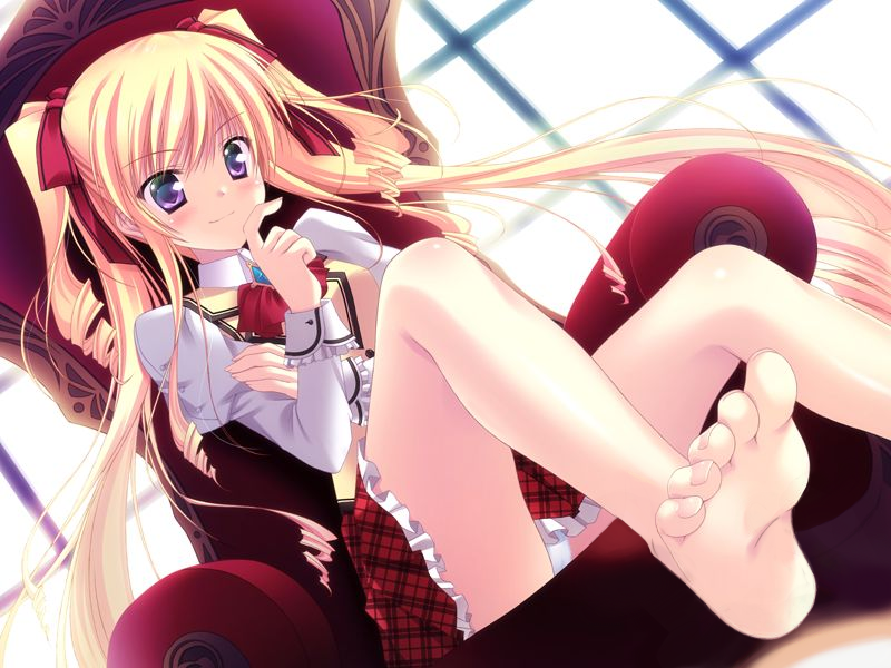 takano yuki (allegro mistic), onisaki yukari, princess party, game cg, jpeg artifacts, third-party edit, 1girl, barefoot, blonde hair, blush, feet, female focus, foot focus, frills, hair ribbon, panties, pantyshot, ribbon, skirt, soles, solo, toes, twintails, underwear, upskirt