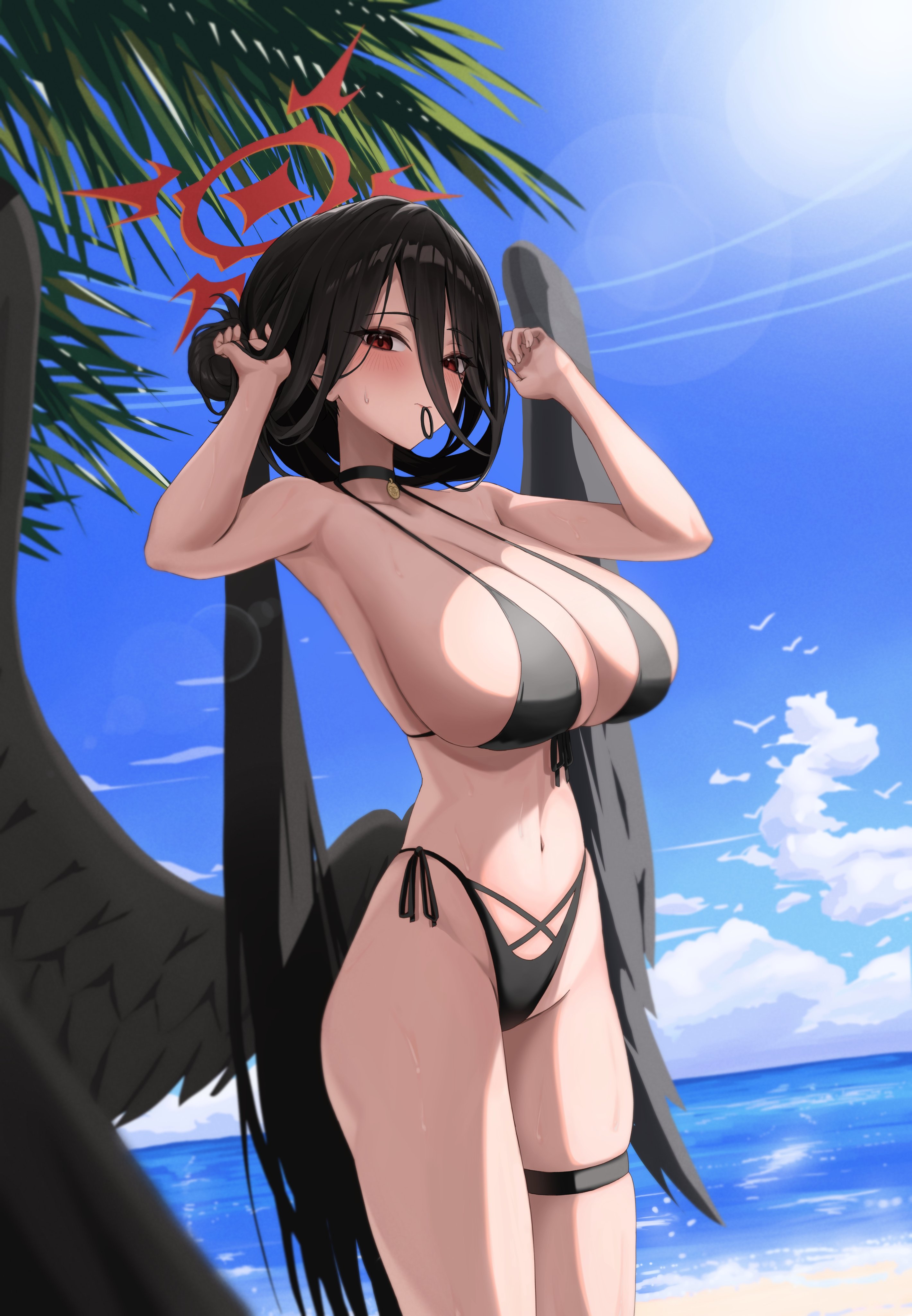 hasumi (blue archive), blue archive, absurdres, highres, 1girl, bikini, black bikini, black hair, black panties, black wings, breasts, choker, day, feathered wings, halo, huge breasts, ieasty11, long hair, looking at viewer, low wings, ocean, outdoors, panties, red eyes, red halo, solo, standing, swimsuit, thighs, underwear, very long hair, wings