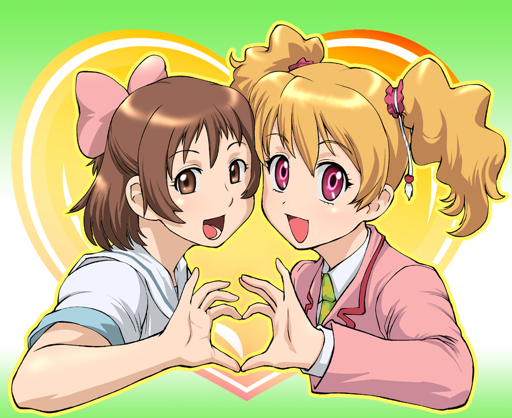 ueyama michirou, aoi minamo, momozono love, oki kanae, fresh precure!, precure, real drive, 00s, 2girls, :d, blonde hair, brown eyes, brown hair, crossover, eyelashes, four-finger heart hands, heart, heart hands, heart hands duo, multiple girls, open mouth, pink eyes, school uniform, short twintails, smile, twintails, voice actor connection