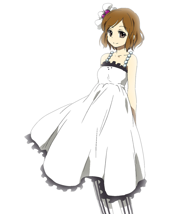 mizuki riko, hirasawa yui, don't say "lazy", k-on!, bad id, bad pixiv id, 00s, 1girl, bare shoulders, bow, brown eyes, brown hair, dress, female focus, hair bow, pantyhose, patterned legwear, simple background, smile, solo, striped clothes, striped pantyhose, vertical-striped clothes, vertical-striped pantyhose, white dress