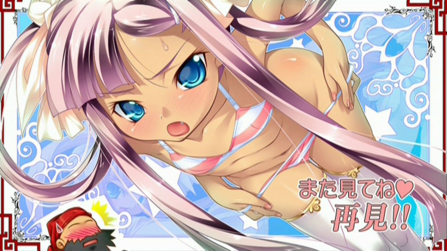 hikage eiji, sonshoukou (koihime musou), koihime musou, 00s, 1girl, bent over, blue eyes, blush, bra, female focus, flat chest, lingerie, long hair, navel, panties, panty pull, pink hair, ribbon, solo, striped clothes, striped panties, thighhighs, twintails, underwear, underwear only, undressing, white thighhighs