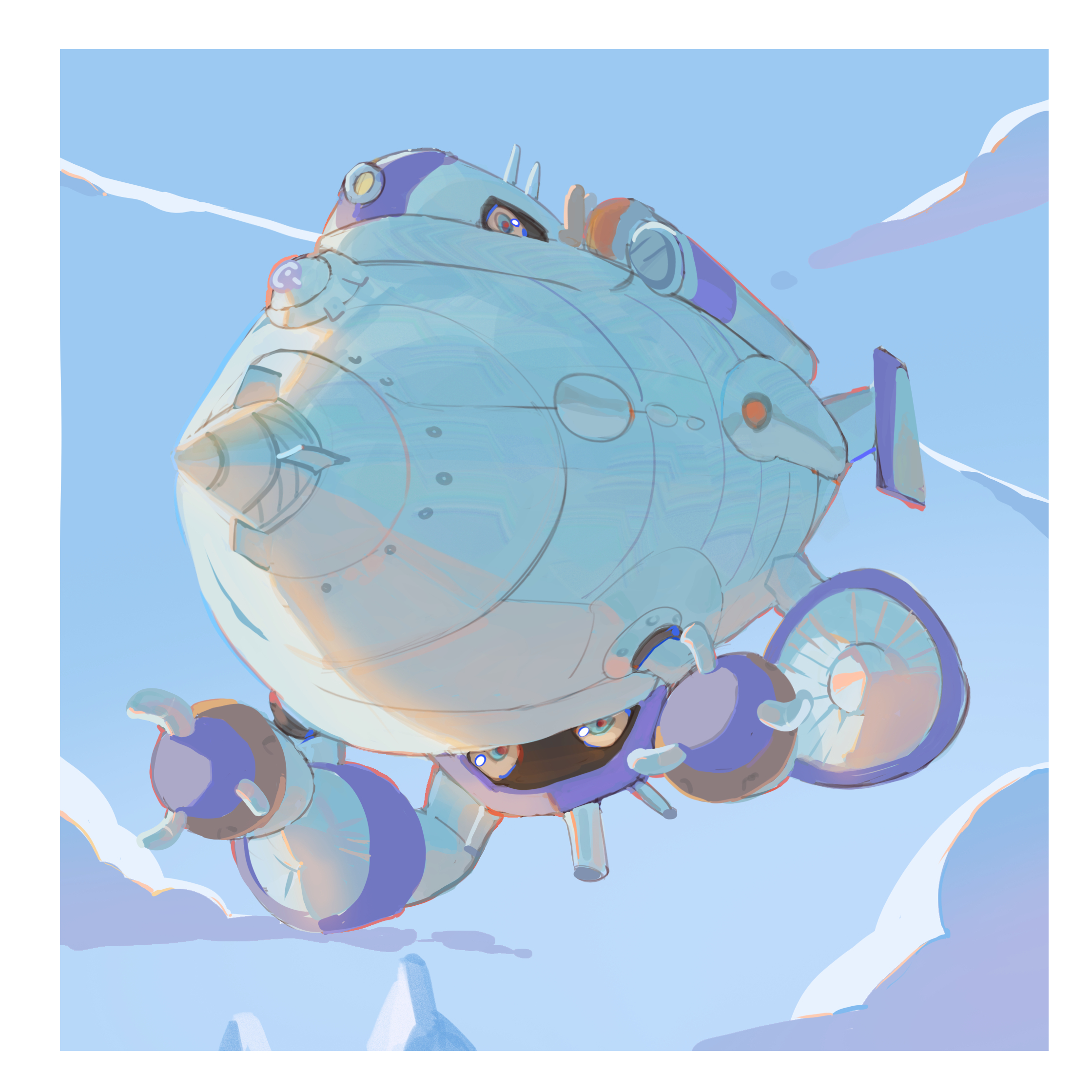 765 nanami, digimon, highres, aircraft, animate object, blue eyes, border, digimon (creature), dirigible, extra eyes, full body, masterblimpmon, midair, no humans, white border