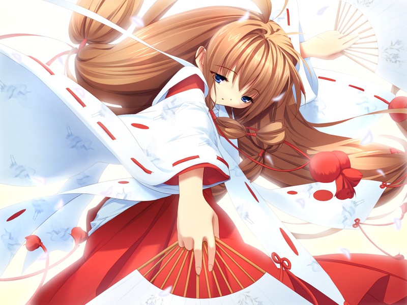 ueda ryou, kazami hisane, mikomai, brown hair, dancing, foreshortening, japanese clothes, long hair, miko, solo