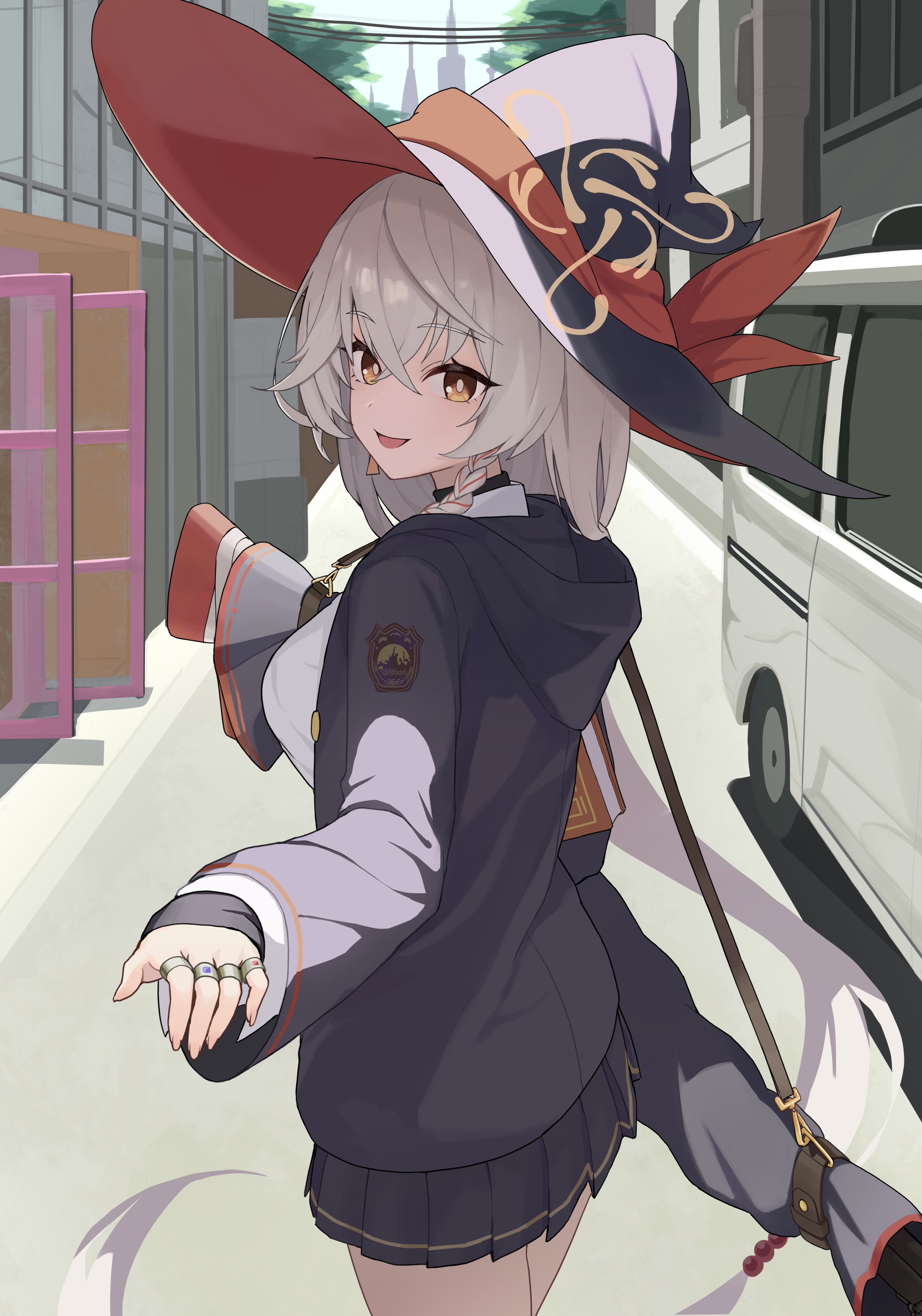 eri (blue archive), blue archive, absurdres, highres, 1girl, day, gun, hat, ieasty11, jewelry, long hair, long sleeves, looking at viewer, looking back, open mouth, outdoors, ring, school uniform, smile, solo, very long hair, weapon, white hair, witch hat, yellow eyes
