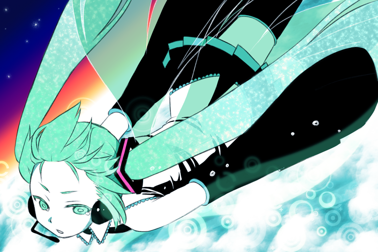 emdo (norabbit), hatsune miku, vocaloid, bad id, bad pixiv id, aqua eyes, aqua hair, detached sleeves, falling, headset, solo, tears, thighhighs, twintails
