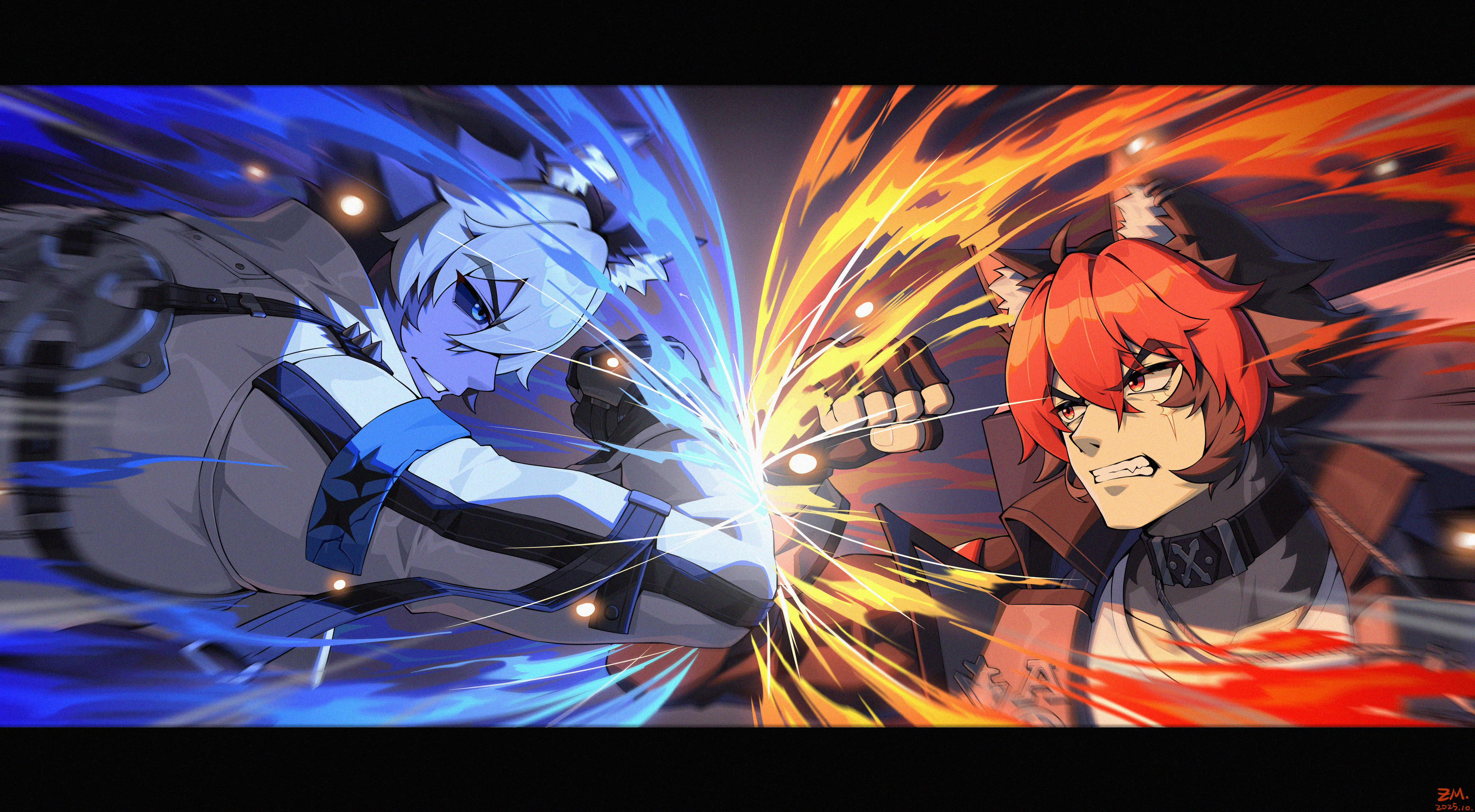 jfzm001, komano manato, komano manato (white heart silhouette), zenless zone zero, absurdres, commentary request, highres, 2boys, animal ear fluff, animal ears, black gloves, black hair, black jacket, black sclera, blue eyes, choker, clenched teeth, colored sclera, dog boy, dog ears, fighting, fingerless gloves, fire, from side, gloves, hair between eyes, jacket, jewelry, looking at another, male focus, multicolored hair, multiple boys, multiple scars, muscular, muscular male, necklace, pectorals, red eyes, red hair, scar, scar across eye, scar on chest, scar on face, shirt, short hair, sparkle, sparks, spiked jacket, teeth, upper body, white hair, white jacket, white shirt