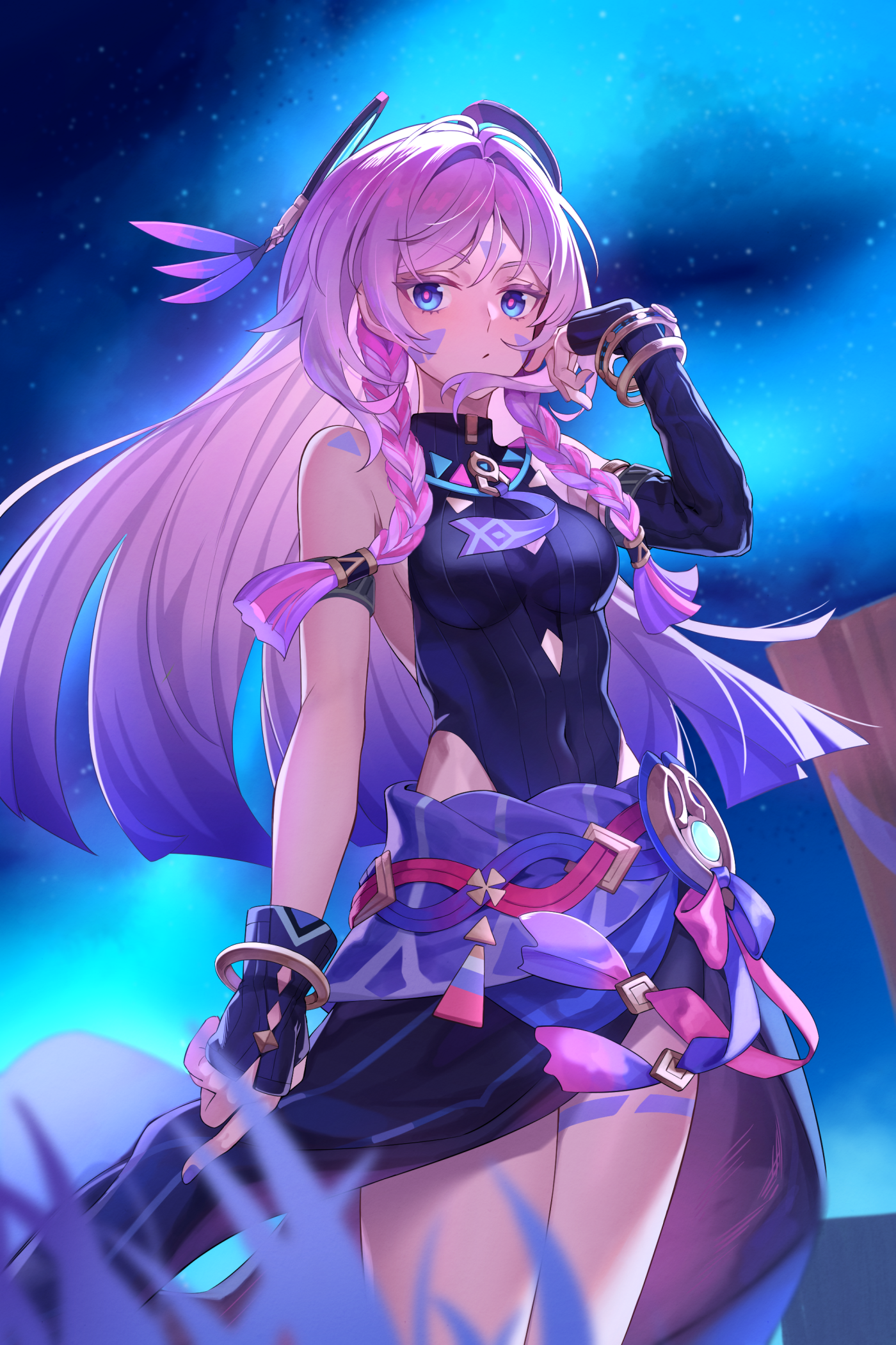 mikiseriavoid, citlali (genshin impact), genshin impact, commentary, english commentary, highres, 1girl, asymmetrical clothes, asymmetrical sleeves, black leotard, blue eyes, blush, bracelet, braid, breasts, covered navel, facial tattoo, feathers, hair between eyes, jewelry, leotard, long hair, looking at viewer, medium breasts, night, night sky, outdoors, pink hair, purple nails, ring hair ornament, shirt, skirt, sky, sleeveless, sleeveless shirt, solo, tattoo, twin braids, very long hair