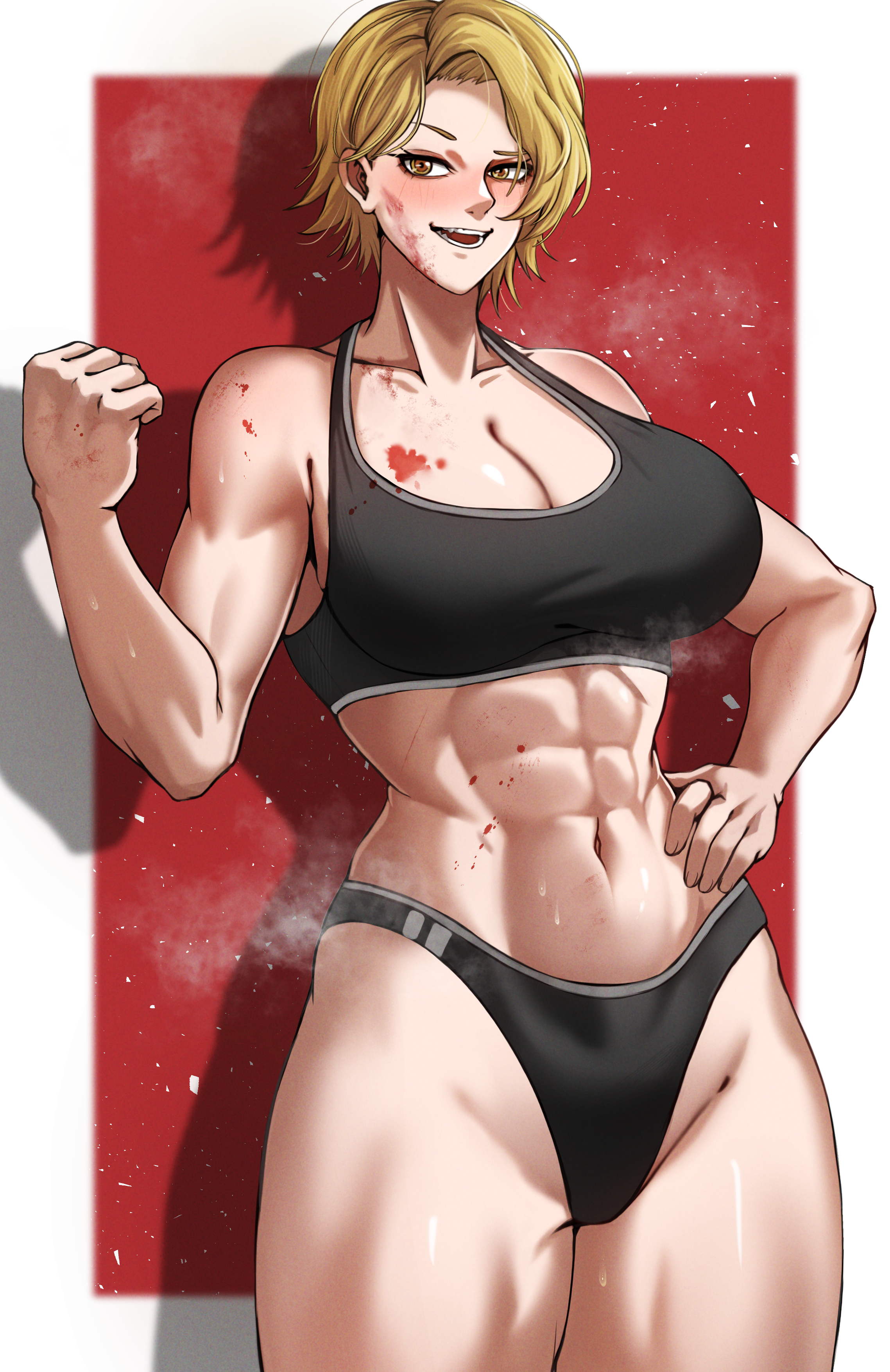 fax61209, sazanami kuina, tougen anki, absurdres, highres, 1girl, abs, black panties, black sports bra, blonde hair, blood, blood on breasts, blood on face, blood on stomach, breasts, brown eyes, cleavage, clenched hand, collarbone, hand on own hip, large breasts, navel, open mouth, panties, smile, solo, sports bra, sweat, underwear