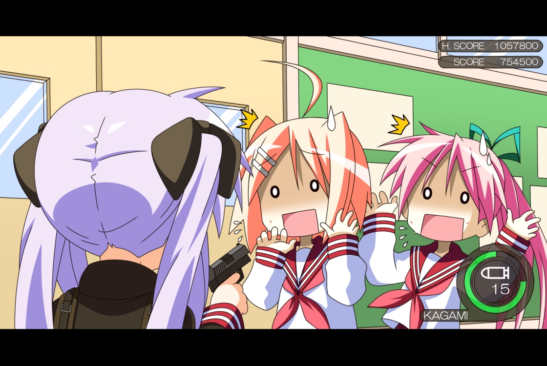 rindou (awoshakushi), hiiragi kagami, lucky star, resident evil, resident evil 4, fake screenshot, gun, letterboxed, parody, purple hair, school uniform, serafuku, sweatdrop, twintails, weapon